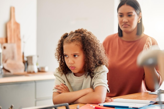 Ongelukkig humeurig en boos meisje dat met gekruiste armen staat en boos kijkt terwijl ze haar moeder negeert Boos stoute en probleemdochter of kind en haar boze of teleurgestelde moeder thuis