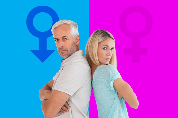 Foto ongelukkig stel dat niet met elkaar praat tegen roze en blauw