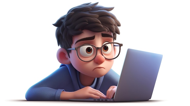Ongelukkige jongen die zijn huiswerk doet op een laptop Generatieve AI