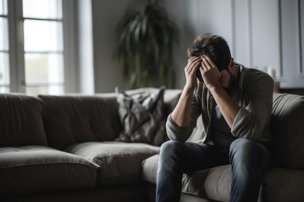 Ongelukkige man zittende persoon eenzaam depressief verdrietig thuis volwassen problemen pijn stress man