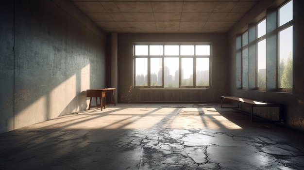 Foto ongemeubileerde kamer betonnen muren gebarsten tegelvloer raam zonlicht