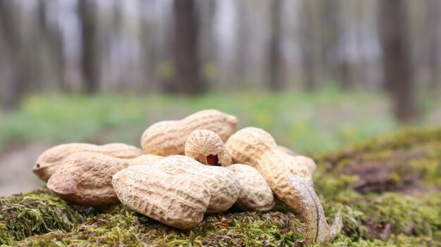 Ongeschilde hele rauwe pinda's in bruine kaf in de schelptextuur op een prachtige natuurlijke achtergrond in het bos ligt in een hoop op een boom, buiten op een zonnige zomerdag.