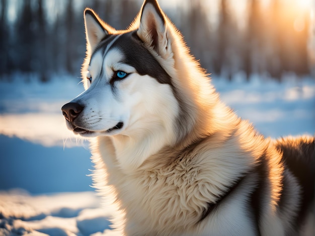 Ongetemde gratie van een Siberische Husky tegen een achtergrond van sneeuw zijn pluizige vacht dansen in de winterbr