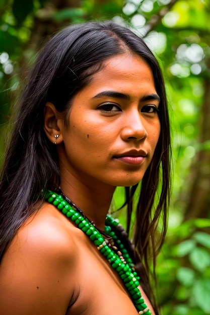 Ongetemde schoonheid van de Amazone Een boeiend portret van een inheemse vrouw uit een tribale gemeenschap