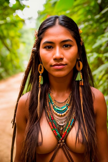 Ongetemde schoonheid van de Amazone Een boeiend portret van een inheemse vrouw uit een tribale gemeenschap