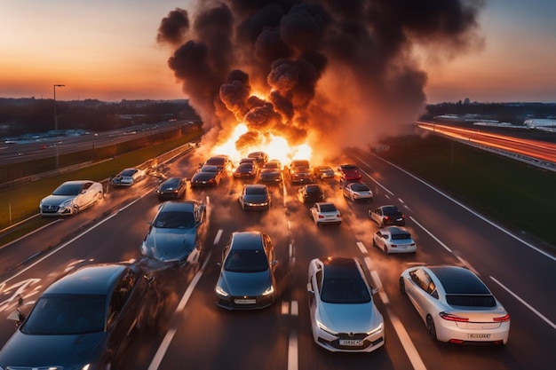 Foto ongeval en explosie branden vuurvlammen zonsondergang op de snelweg in de winter