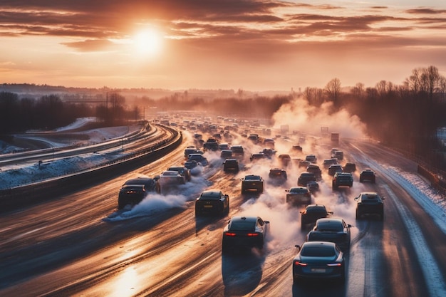 ongeval en explosie branden vuurvlammen zonsondergang op de snelweg in de winter