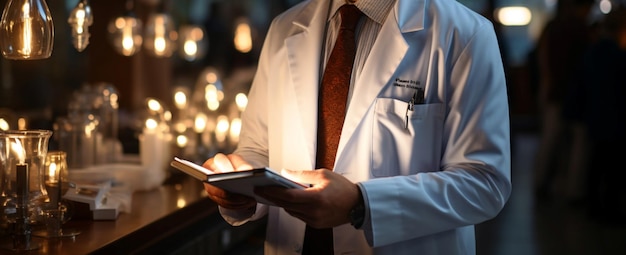 Ongeziene arts gebruikt tablet tegen ziekenhuisachtergrond en omarmt moderne gezondheidszorgtechnologie