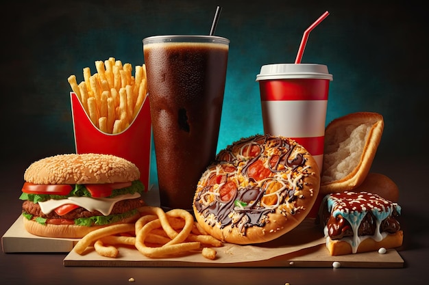 Ongezond voedsel dat schadelijk is voor uw tanden, hart-teint en een selectie van fastfoodproducten met friet en cola