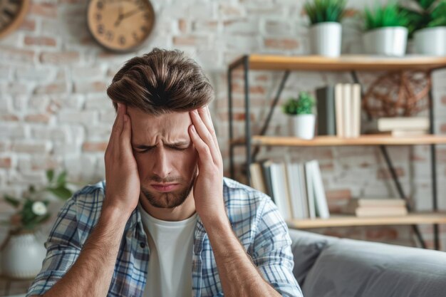 Foto ongezonde man voelt zich gestrest lijdt aan migraine of hoofdpijn thuis generatieve ai