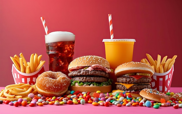Ongezonde voedingsopstelling hamburgers frisdrank snoep snoep donuts en frietjes