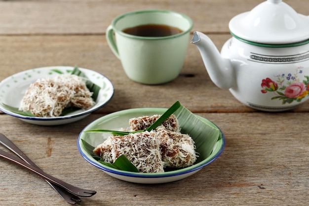 Ongolongol or Sentiling indonesian Traditional Jajanan Pasar made from Tapioca FLour Coated with Shredded Coconut