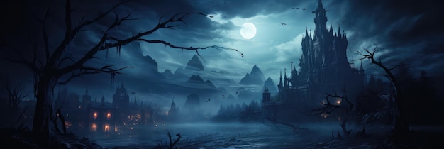 Onheilspellende volle maan boven een spookkasteel Halloween