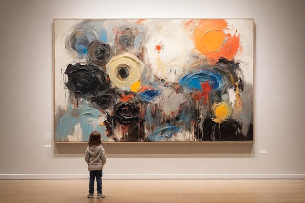 Onherkenbaar kind kijkt naar een modern kunstwerk in een galerie
