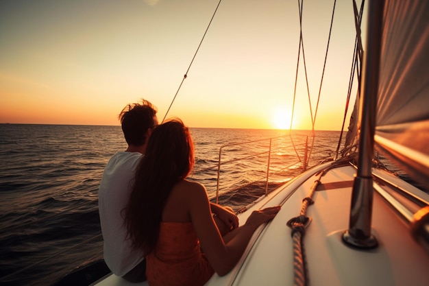 Onherkenbaar stel geniet van een cruise bij zonsondergang op een zeilboot met de wind in hun haren