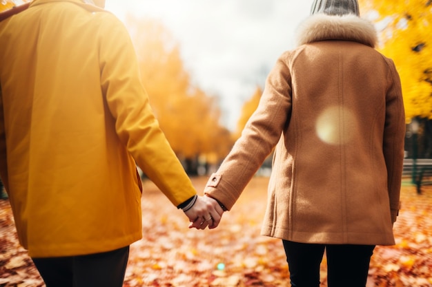 Onherkenbaar stel hand in hand en slenterend door een kleurrijk herfstpark