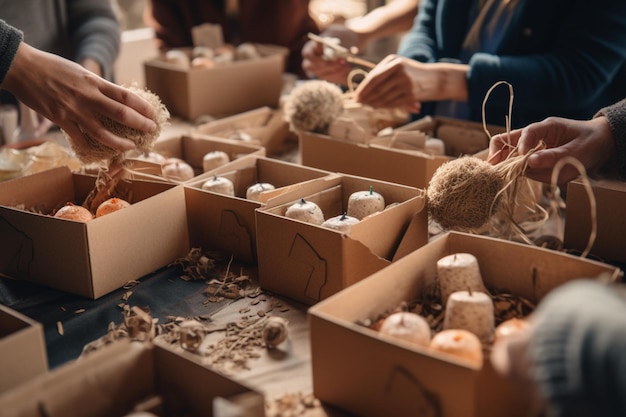 Onherkenbare groep mensen die zorgpakketten aan het voorbereiden zijn voor daklozen of hulpbehoevenden