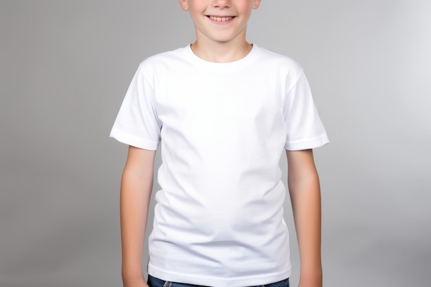Onherkenbare jonge lachende jongen in wit T-shirtmodel Leeg T-shirt voor reclame in de studio