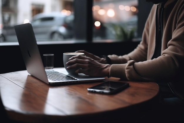 Onherkenbare man aan het werk op een laptop terwijl hij geniet van een koffiepauze in een trendy café