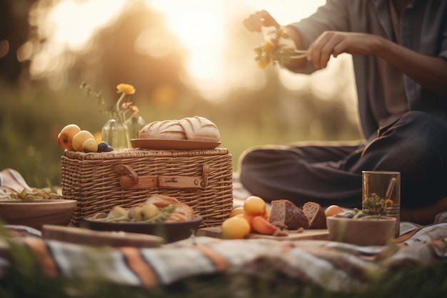 Onherkenbare man geniet van een picknick in een schilderachtig park of weiland met een deken picknickmand