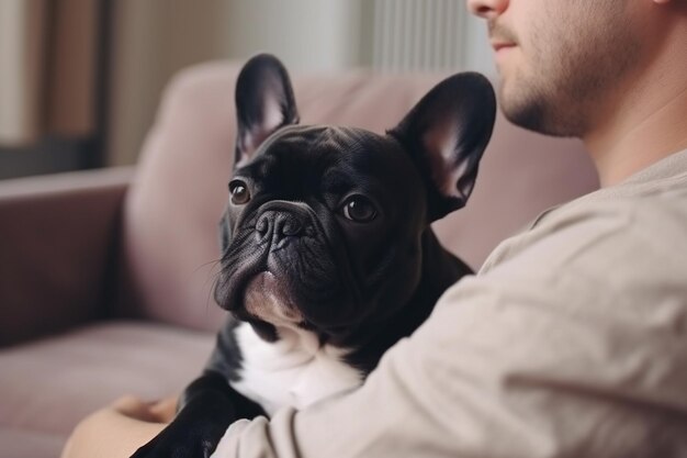 onherkenbare man zwart haar speelt met franse bulldog puppy en gaat thuis op de bank zitten