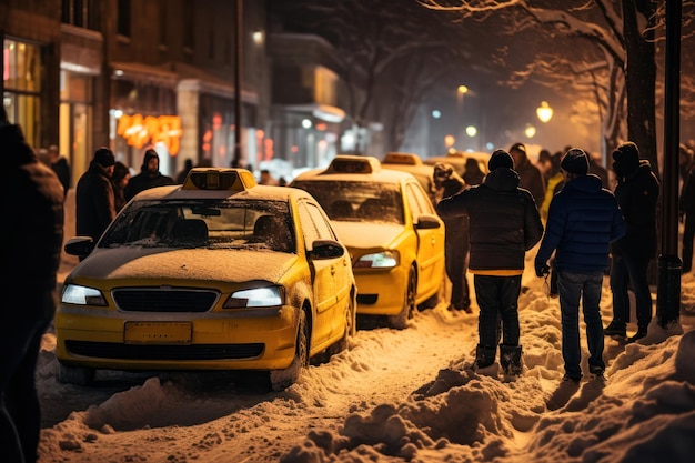 Onherkenbare mensen staan in de buurt van gestrande taxi's op een besneeuwde weg in het centrum tijdens de winternacht