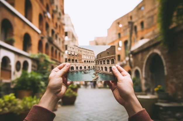Onherkenbare toerist houdt ansichtkaart vast voor wazige stadsachtergrond AI gegenereerde illustratie