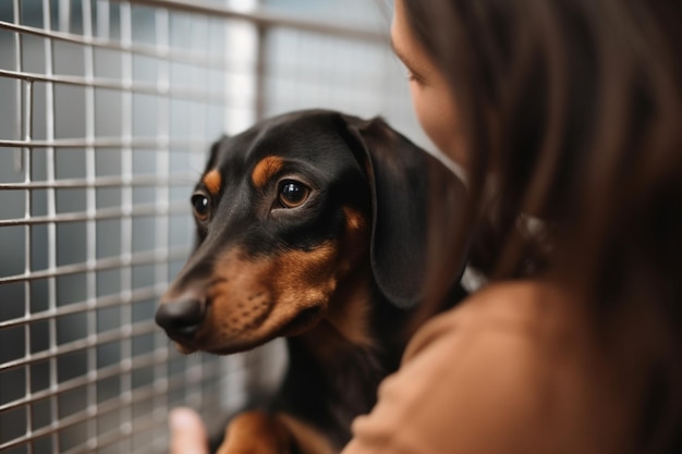 onherkenbare vrijwilligersvrouw die teckelhond draagt en knuffelt in dierenasiel