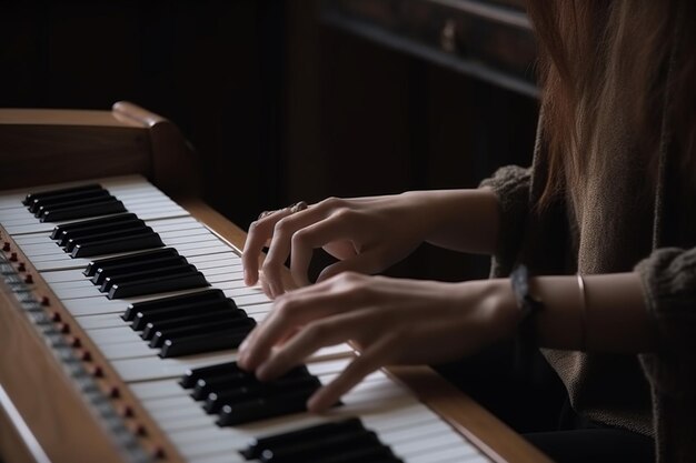 Onherkenbare vrouw die met passie en vaardigheid een muziekinstrument bespeelt, zoals een gitaar of piano