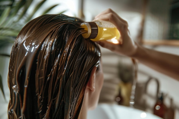 Foto onherkenbare vrouw die oliemasker aanbrengt op haarpunten in een schoonheids- en haarverzorgingsconcept in een badkamer