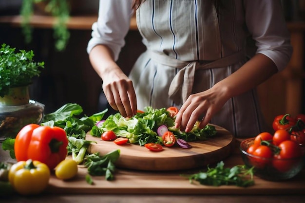 Onherkenbare vrouw in gestreepte keuken schort die een houten spatula-gereedschap in de zak stopt Fem