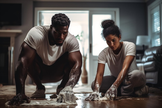 Onherkenbare zwarte man en vrouw die de vloer in de woonkamer schoonmaken