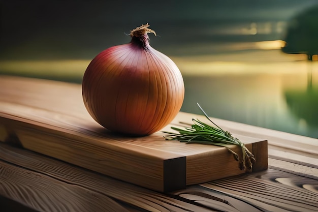 Onion on a book with water reflection in the background