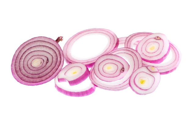 Onion cut into rings drops on white background