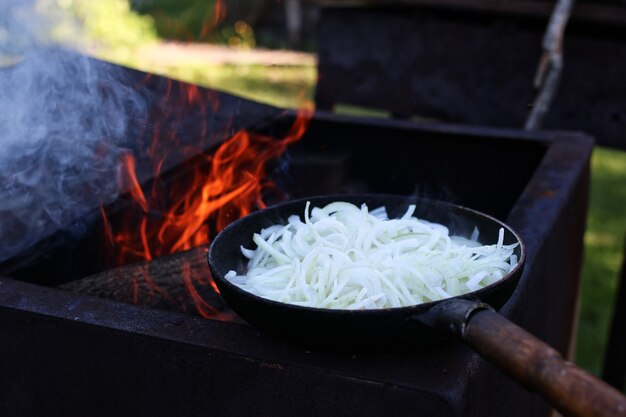 Cipolla fritta sul fuoco all'aperto