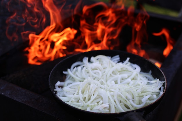 Onion fry on fire outdoors