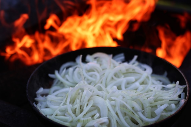 Onion fry on fire outdoors