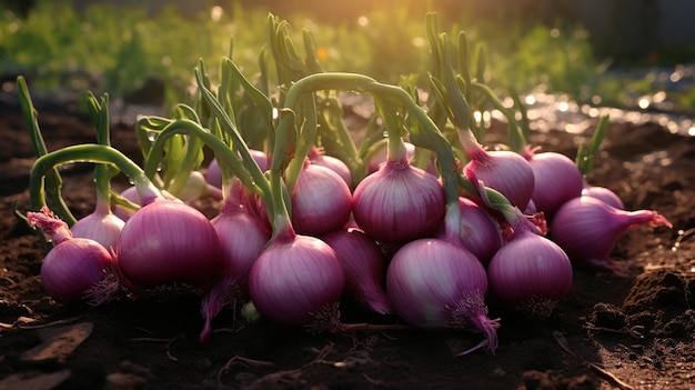 Photo onion plants row growing on field close up selective focus nature generative ai