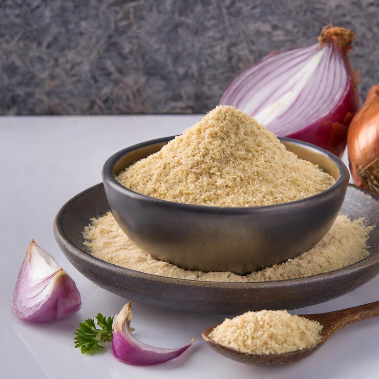 फोटो onion powder in wooden bowl and fresh red onion isolated on white background top view flat lay