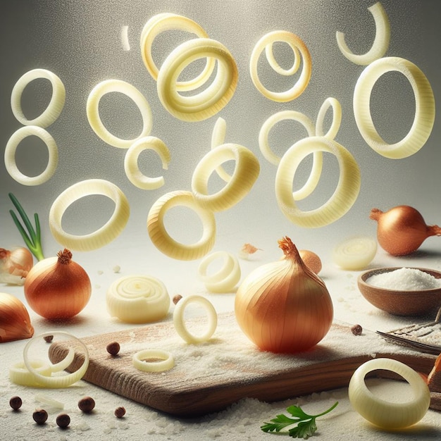 onion rings in the air on a white background