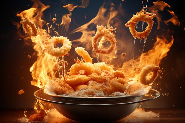 onion rings and champions flying from a pan fire flames around