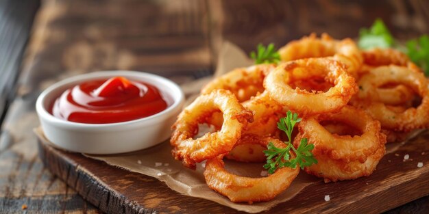 Foto anelli di cipolla con ketchup sulla tavola da taglio