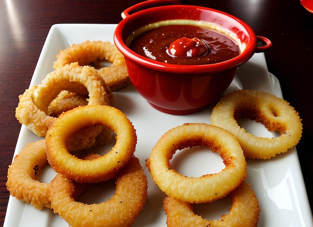 Foto anelli di cipolla con ketchup