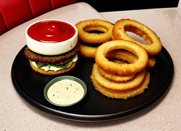 Foto anelli di cipolla con ketchup