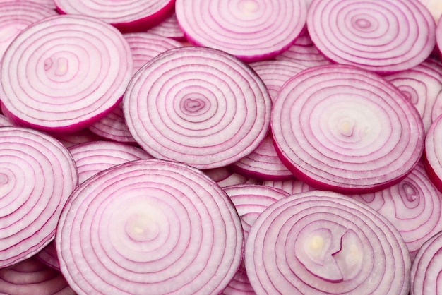 Onion slices as a background Top view