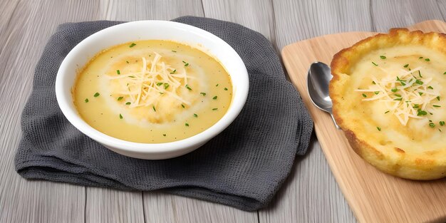 Foto zuppa di cipolla gratinee brodo di ossa di manzo gruyere crouton minimalista sul tavolo di legno nero vista superiore