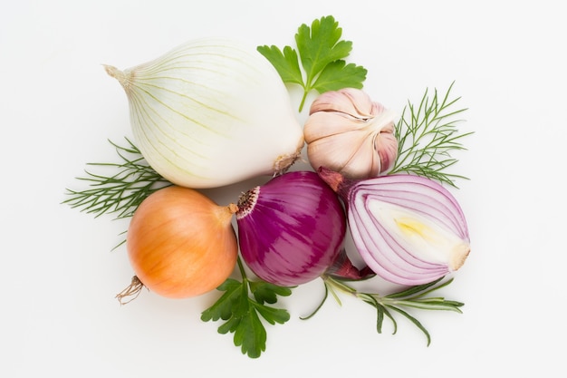 Onion and spices isolated on white