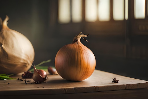 Onion on a table with leaves and a light on it