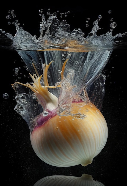 Onion in water with bubbles and splashing on it generative ai