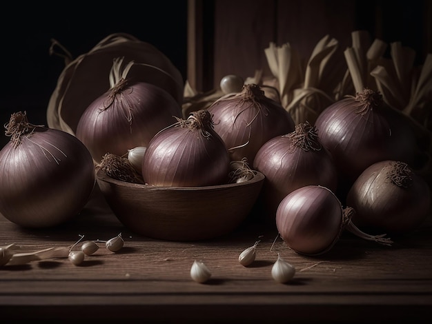 Onion On Wooden table Aesthetic Background